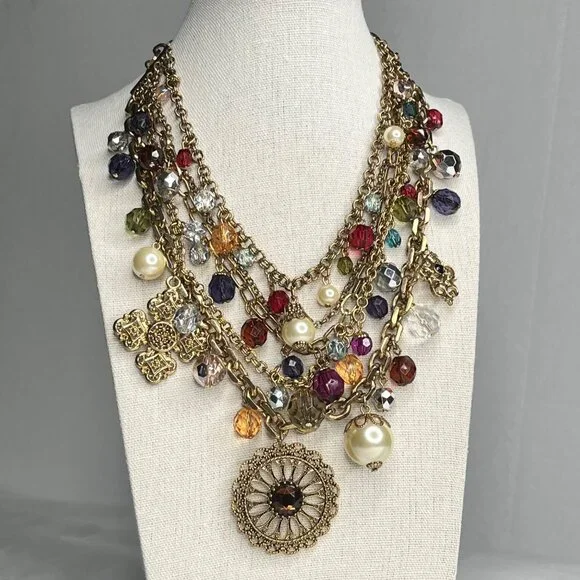 Multi-Strand Gold Chain Necklace With Colorful Beads Faux Pearls - Picture 4 of 4
